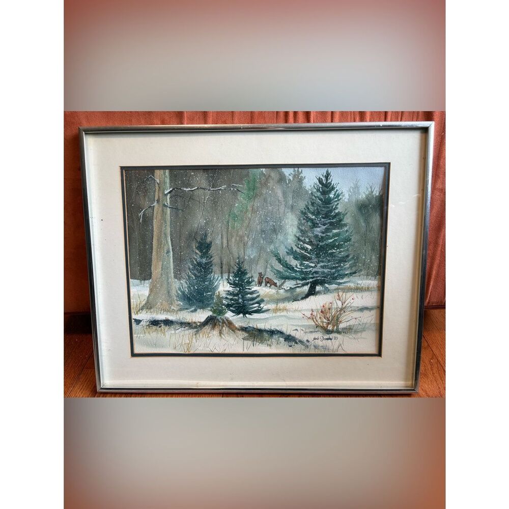 Vintage Herb Stanske Watercolor "Winters Snow" Deer Forest Scene Original